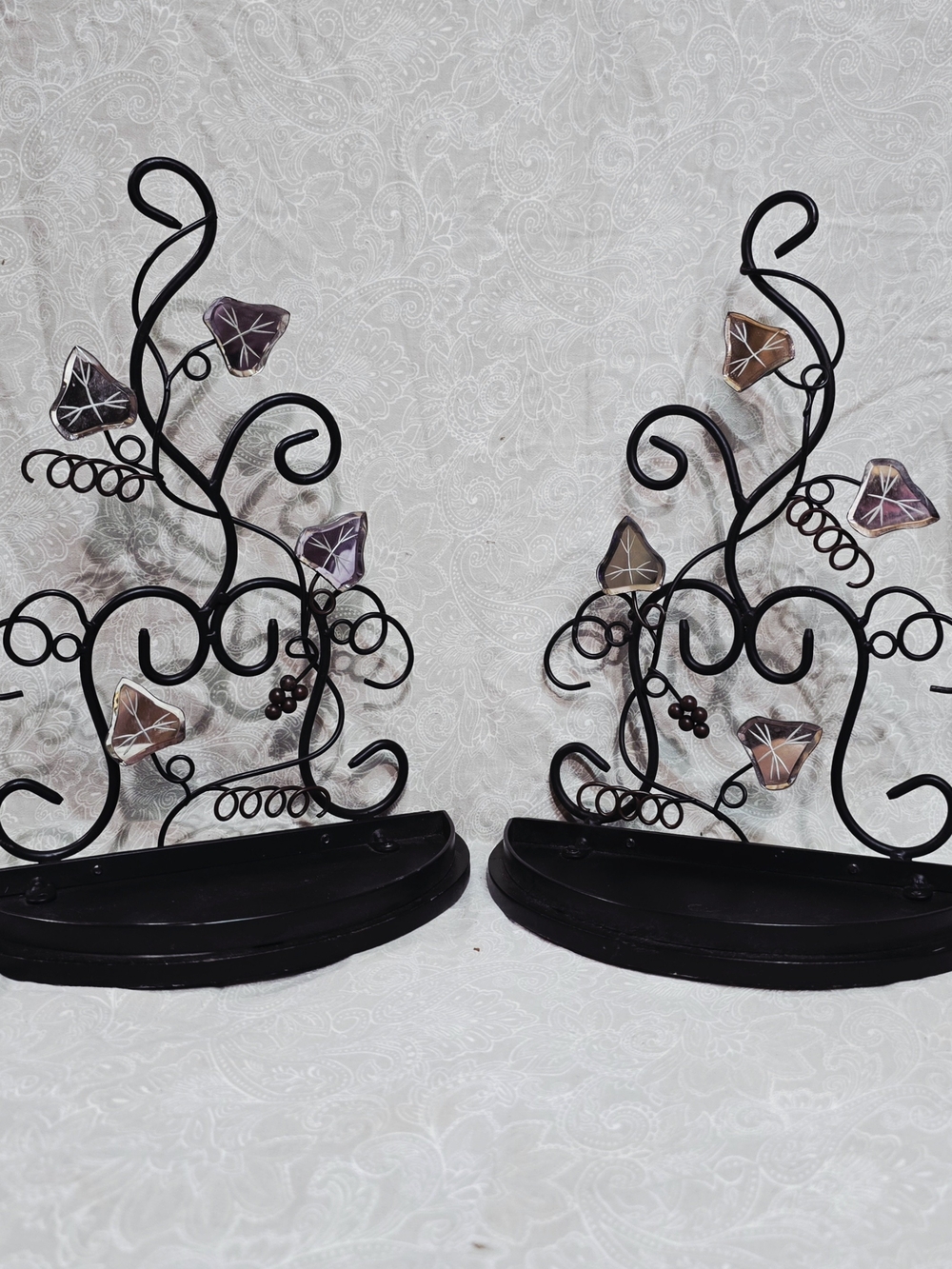 Vintage Wrought Iron Wall Shelves Set Tuscan Grapevine Mirrored Leaves Pair 13.5